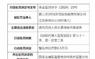 创信保险销售有限公司江苏泰州分公司一代理人被罚：因委托其他人员从事保险代理业务