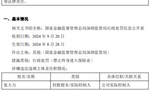 一正保险：实际控制人张大力被终身禁业