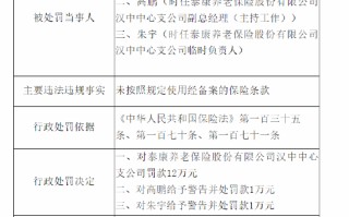 泰康养老汉中中心支公司被罚12万元：因未按照规定使用经备案的保险条款