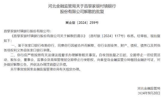 河北三家村镇银行获批解散 两家村镇银行将被吸收合并-第1张图片-领航者区块链资讯站