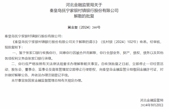 河北三家村镇银行获批解散 两家村镇银行将被吸收合并-第2张图片-领航者区块链资讯站