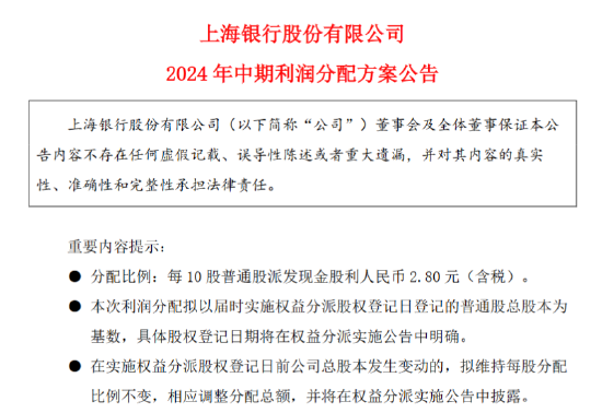 上海银行披露2024年中期利润分配方案 拟10派2.8元-第1张图片-领航者区块链资讯站